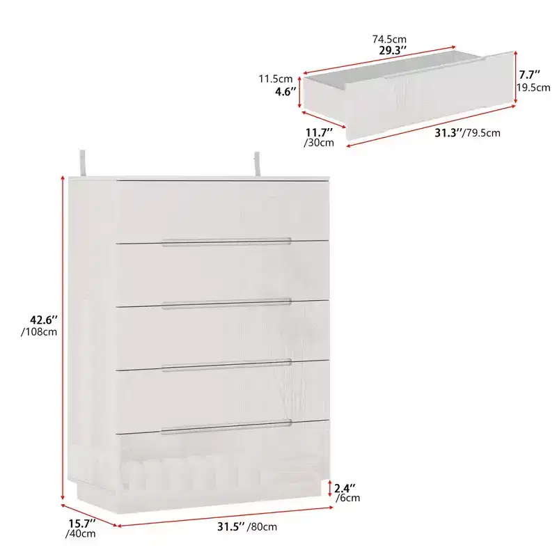 Hitow High Gloss 5 Drawer Dresser with Underlight Concealed Handle Chest of Drawers