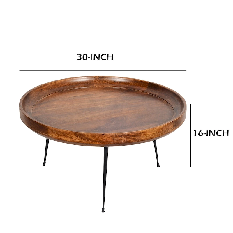 Gia Round Mango Wood Coffee Table With Splayed Metal Legs, Brown and Black