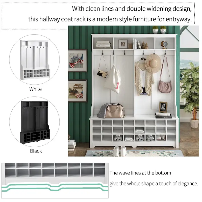Hallway Coat Rack with Bench 60 Wide Hall Tree with Ample Storage Space and 24 Shoe Cubbies , White ( OLD SKU: WF286983AAK )