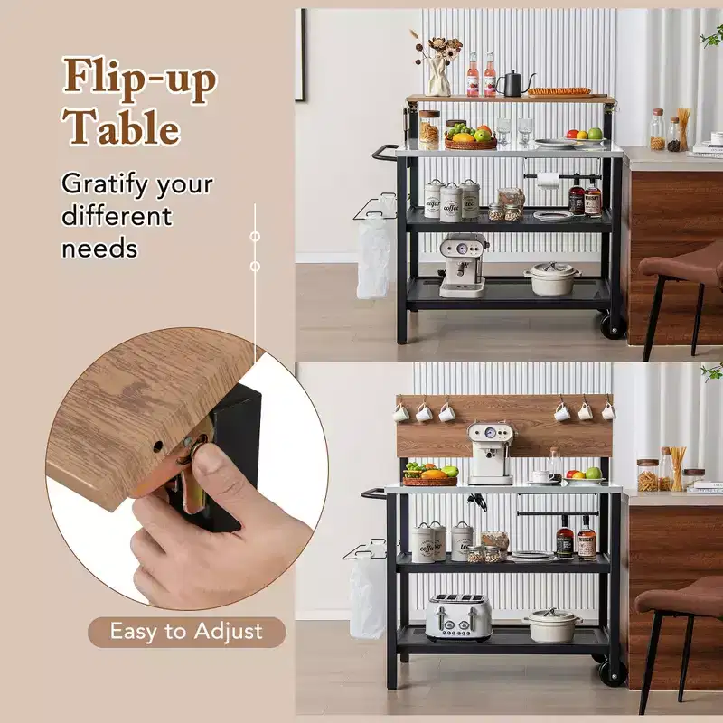 Rolling Bar Cart w/ Flip-up Table Hooks Paper Towel Holder Trash Bag Holder