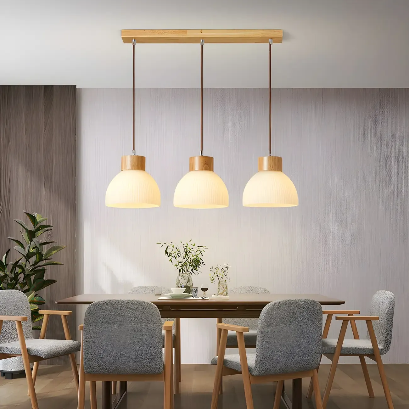 Modern Wood Glass Dome Island Pendant Light for Kitchen