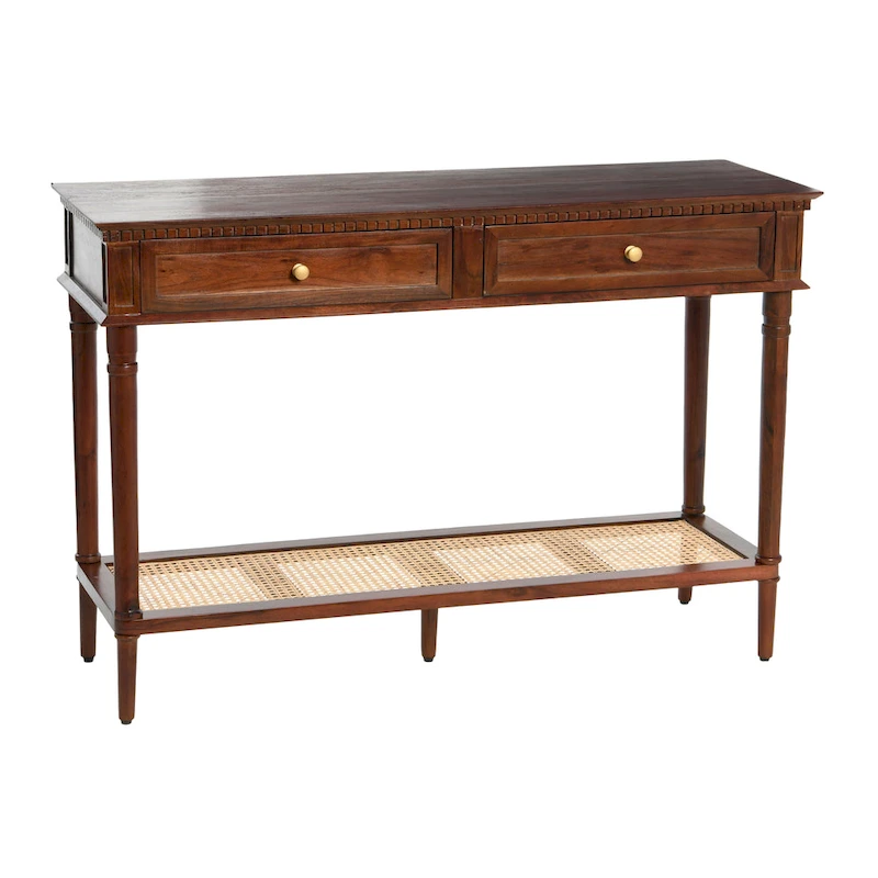 Acacia Wood Console Table with Cane Shelf