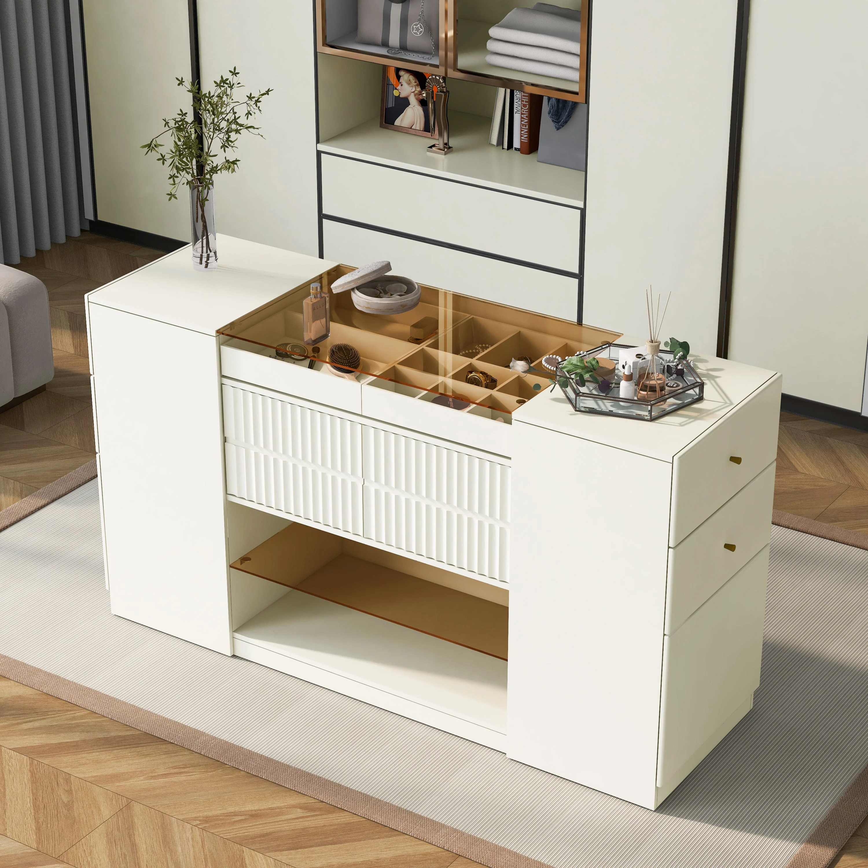 Walker Edison | Modern Multi-Functional Island Vanity Dresser and Storage Cabinet