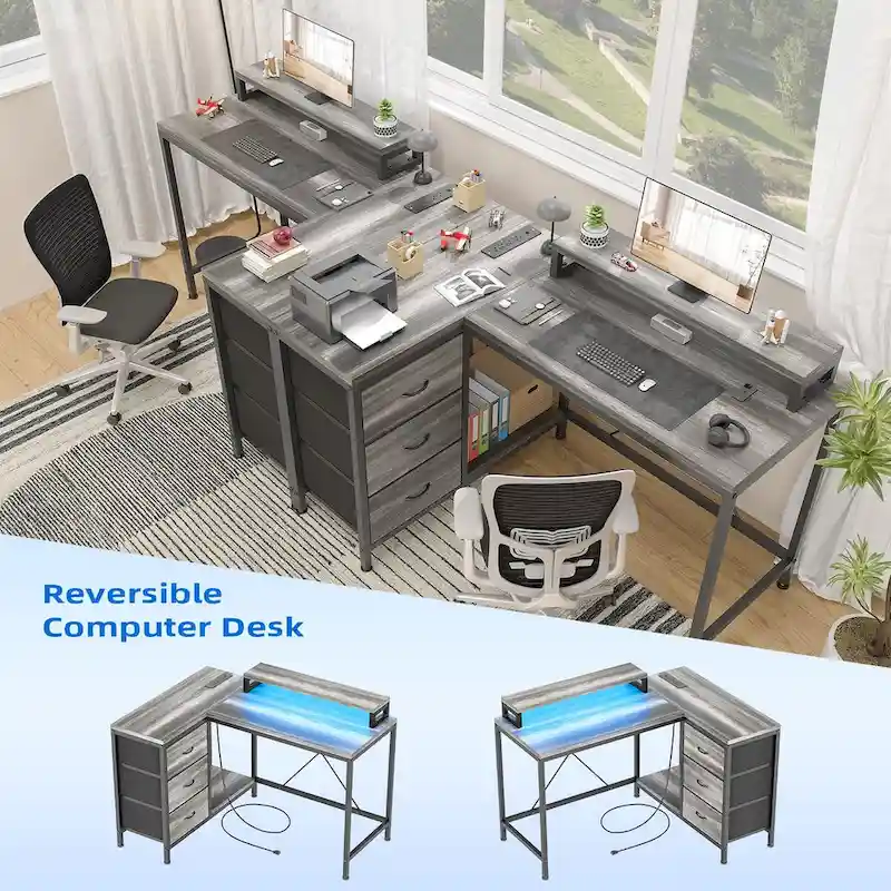 GIMMYFIVE L Shaped Gaming Desk with Power Outlets & LED Lights