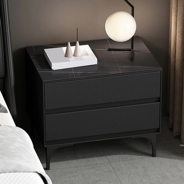 Modern Stone Top Faux Leather 2-Drawer Nightstand