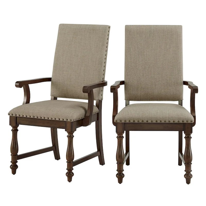 Tom 26 Inch Dining Armchair, Beige Polyester, Nailheads, Brown Solid Wood