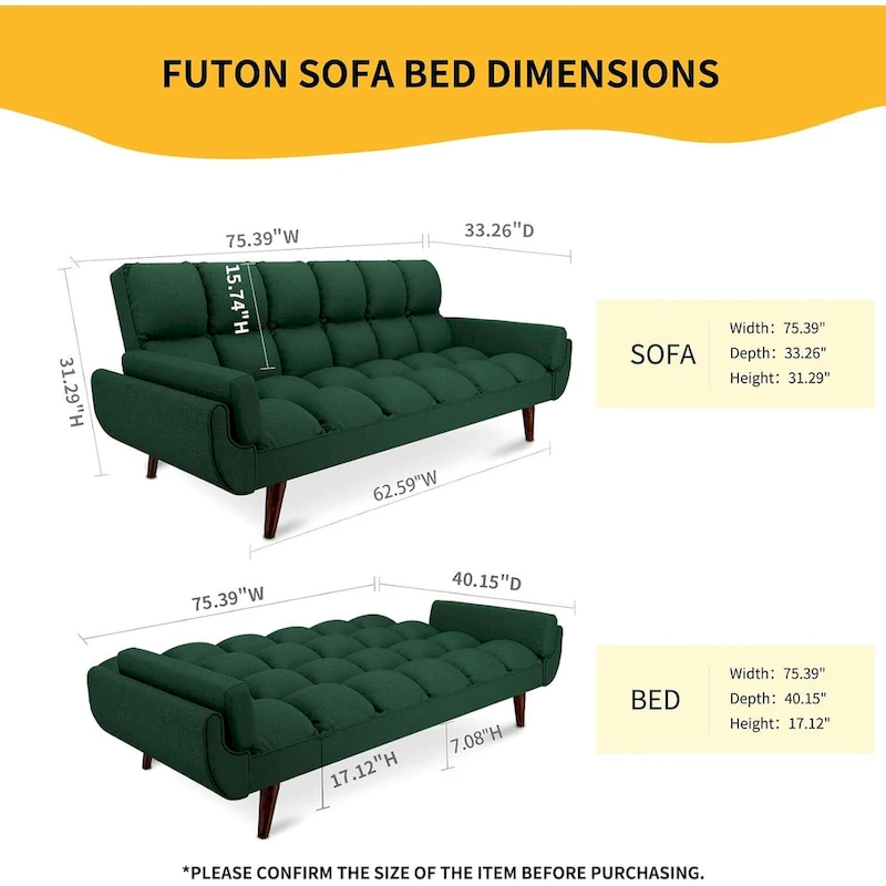 75.39 IN. Futon Sofa Bed, Convertible Upholstered Couch Sleeper with Reclining Sleeper Split Tufted Back