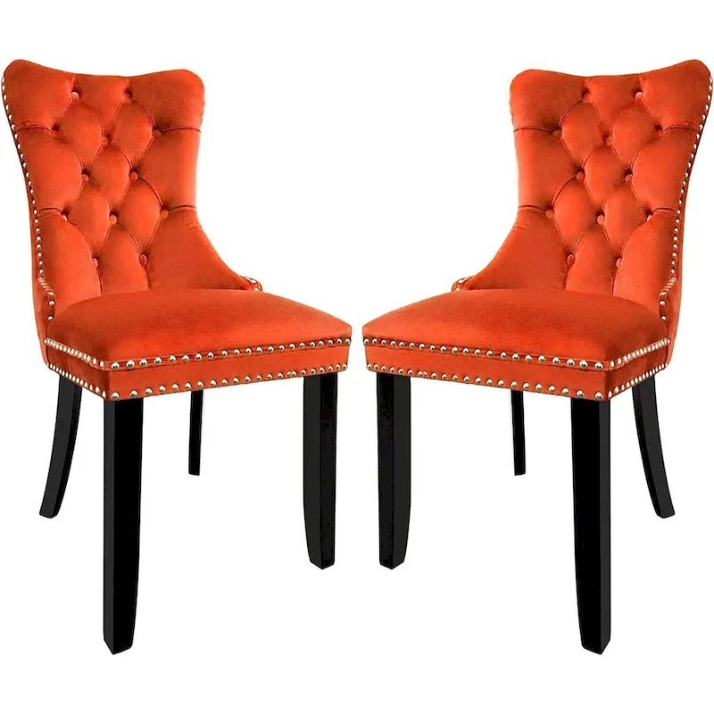 Velvet Dining Chairs Set of 2, Upholstered High-end Tufted Dining Room Chair with Nailhead Back Ring Pull Trim Solid Wood Legs