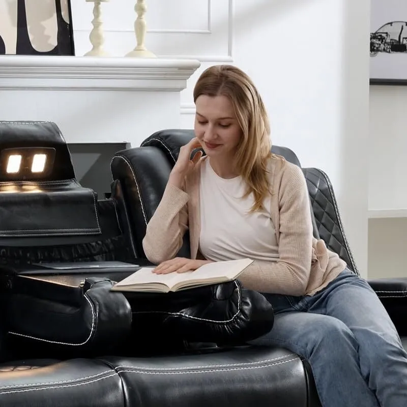 Power Reclining Sofa with Wireless Charger & LED Light – Faux Leather, Black