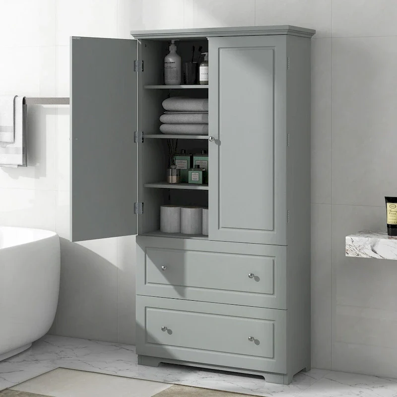 Bathroom Storage Cabinet Tall Floor Storage Cabinet with Two Doors and Drawers, Adjustable Shelf