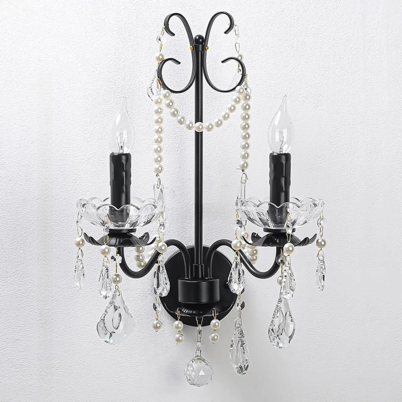 Black Modern 2-Light Candelabra Wall Sconce with Crystal