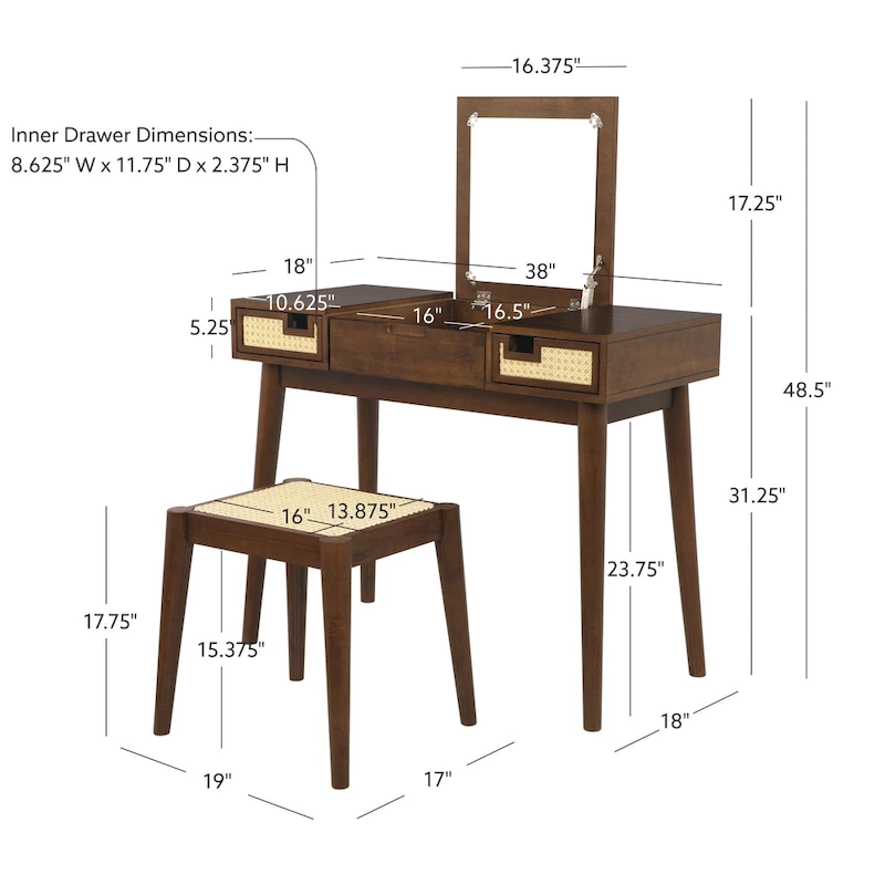Chantal Wood 2 Cane Drawer Vanity with Stool