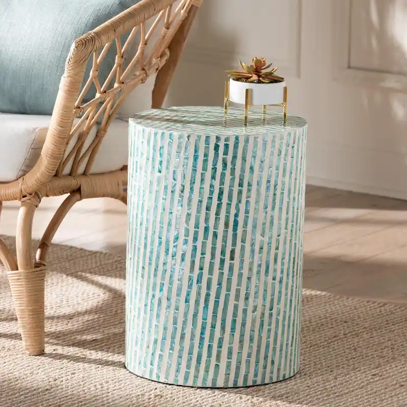 Draven Modern Bohemian White and Blue Mother of Pearl End Table