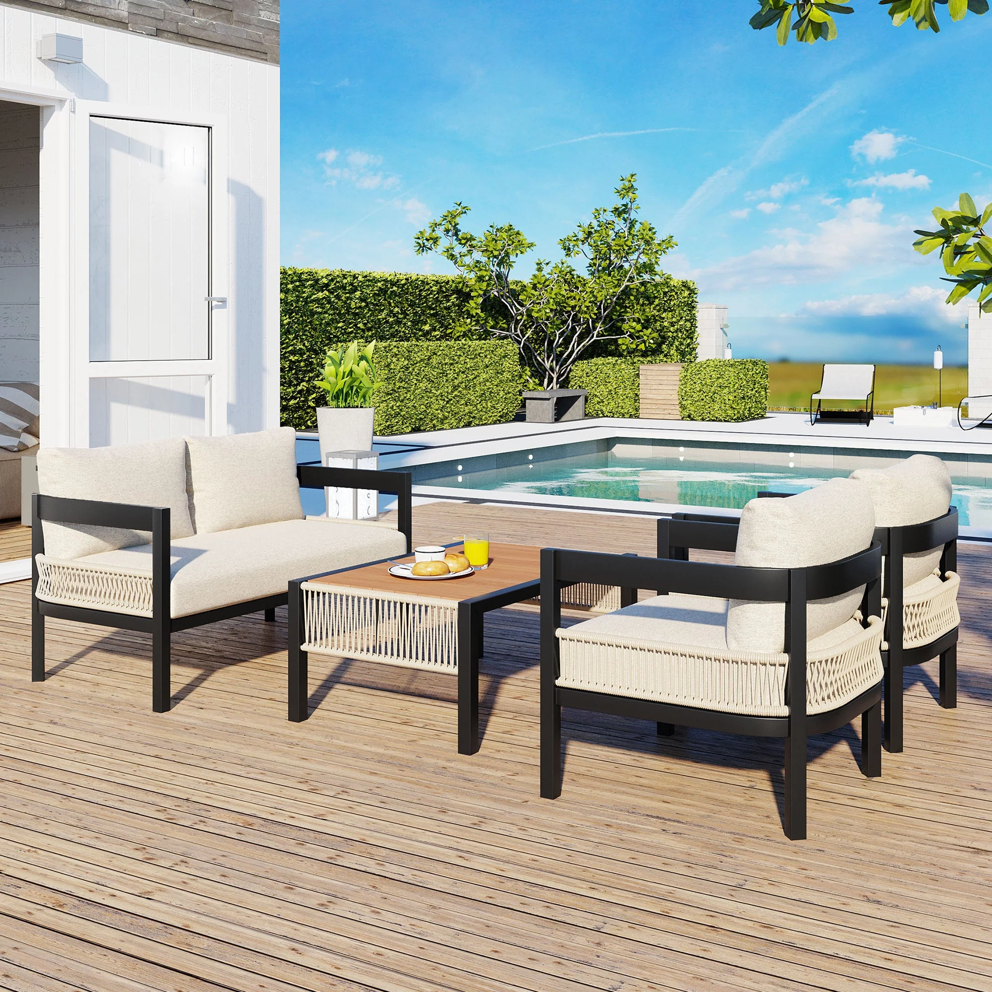 Walker Edison | Modern Rope Design Outdoor Iron Sofa Set with Coffee Table