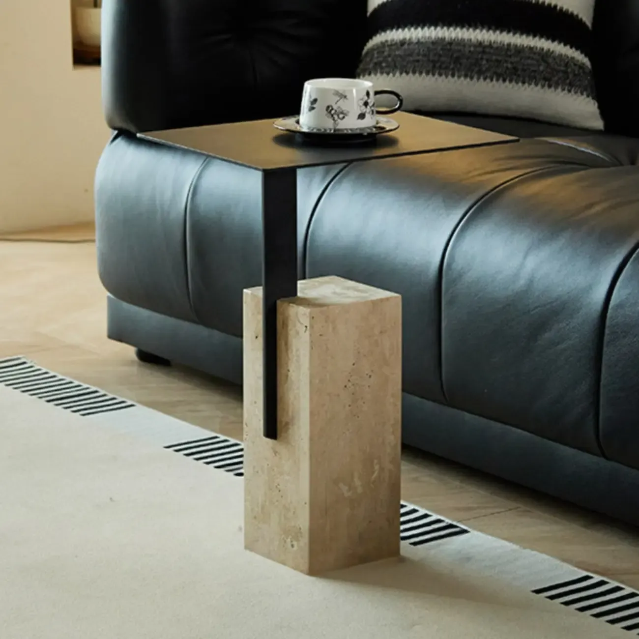 Modish Travertine Pedestal Metal Square Side Table