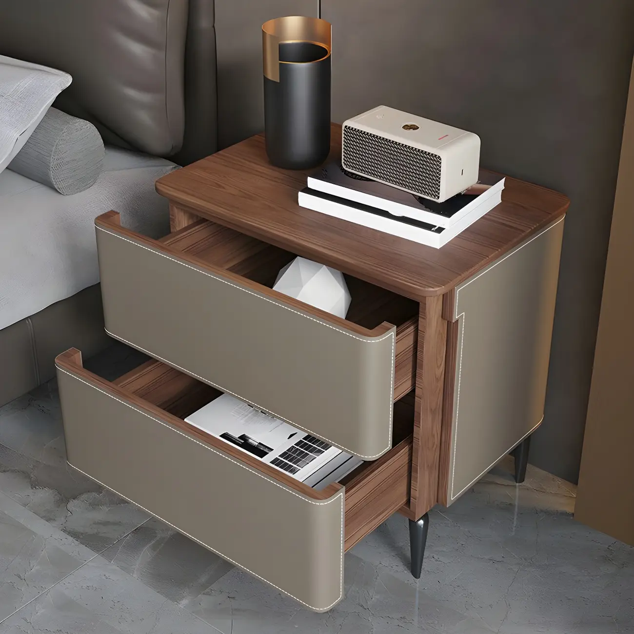 Modern Faux Leather Wood Top Drawers Nightstand