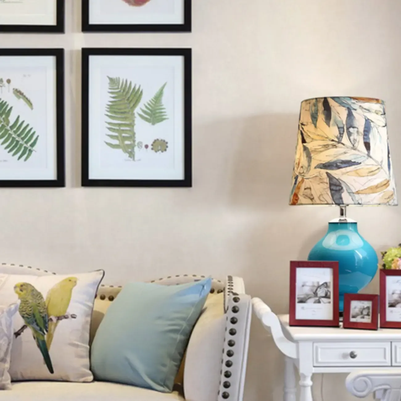 Blue Glass Table Lamp with Leaf Fabric Shade