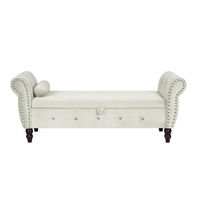 63.4 in. Velvet Bedroom Bench with Solid Wood Legs & 1 Pillow Nail Storage Ottoman Bench with Armrest Crystal Buckle