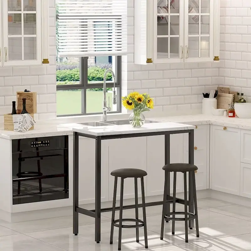 3 Piece Kitchen Pub Dining Set, Modern Faux Marble Counter Height Bistro Bar Table Set with 2 PU Leather Bar Stools