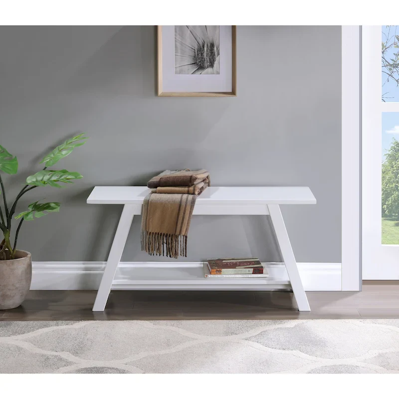 Roundhill Furniture Elyz Solid Wood Bench with Shelf, White