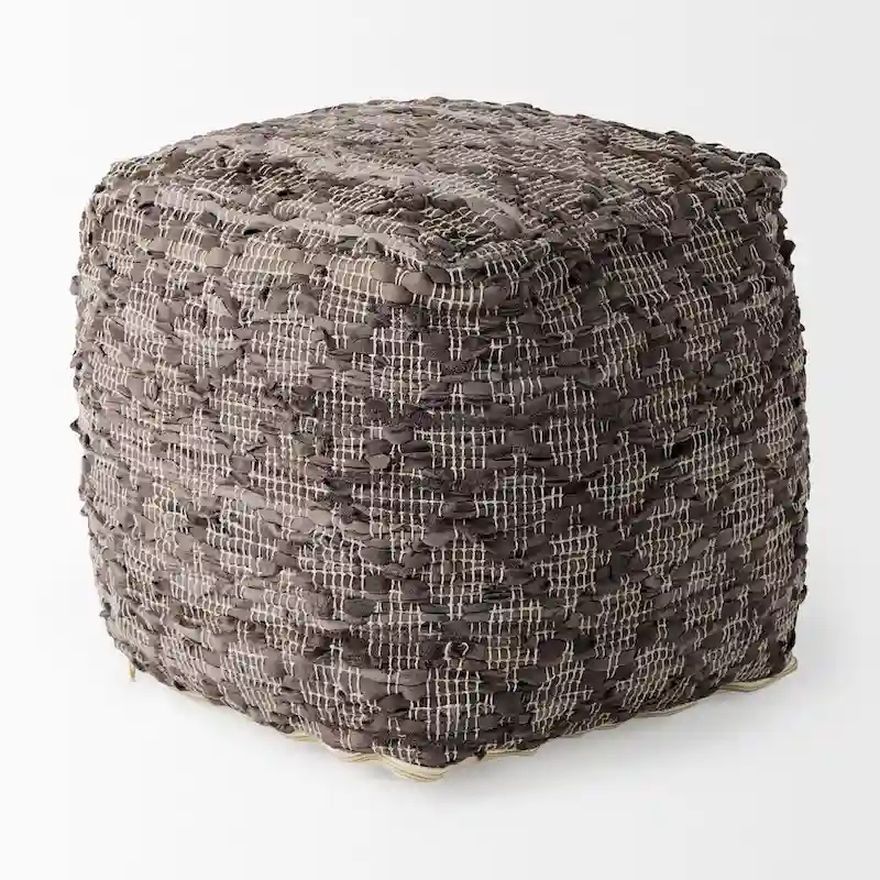 Mercana Falguni Grey Patterned Leather & Cotton Square Pouf