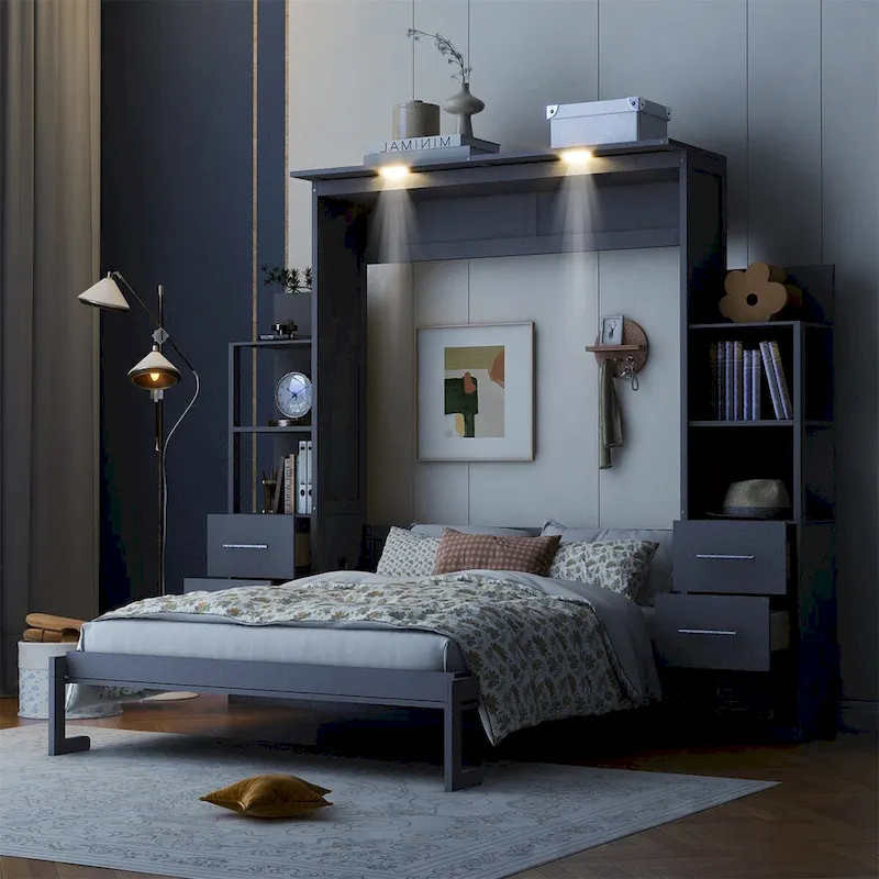 Merax Murphy Bed Wall Bed with Shelves, Drawers and LED Lights