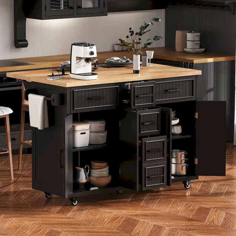 56.5 Kitchen Island with Drop Leaf and Charging Station, Rolling Kitchen Cart on Wheels with Drawers and Adjustable Shelves