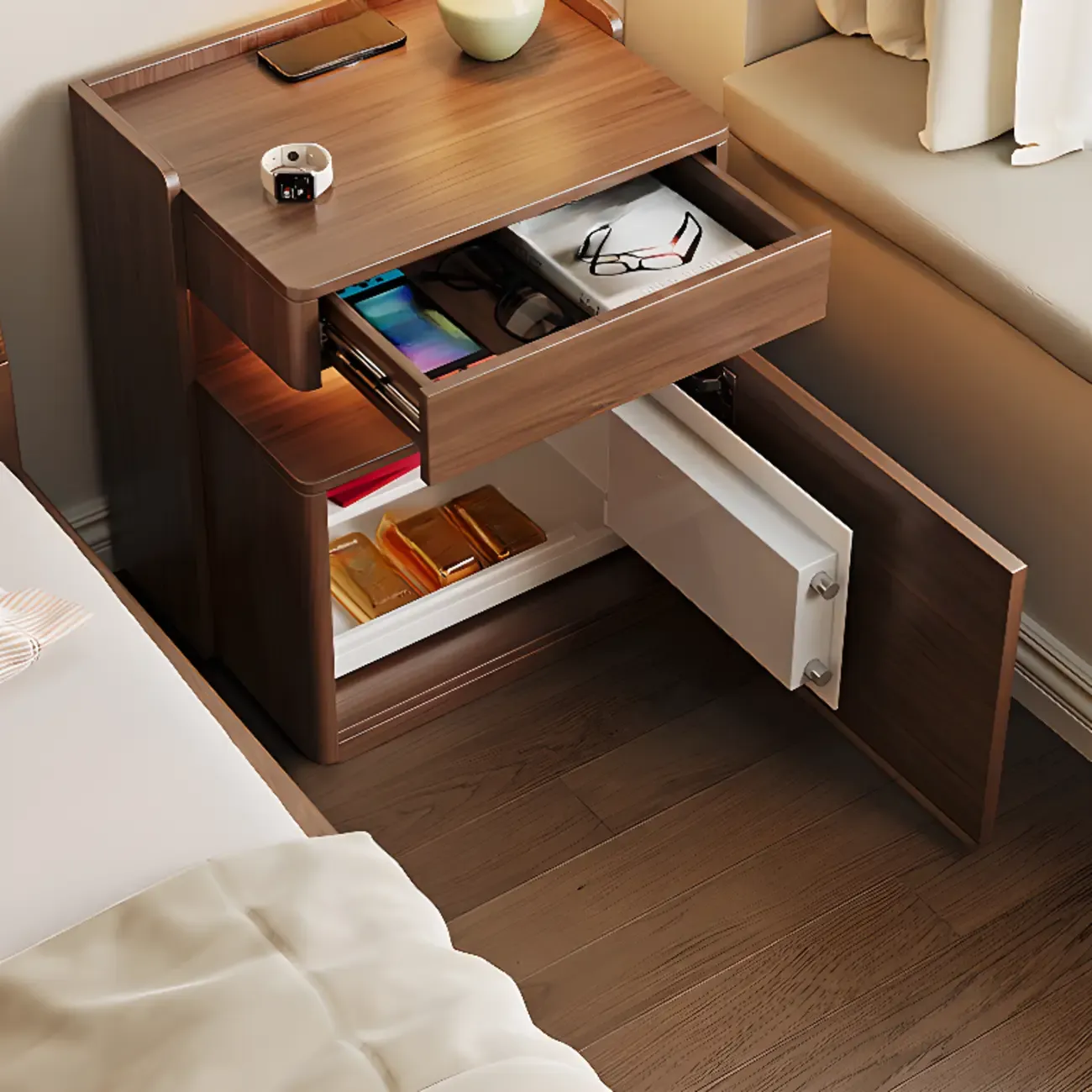 Multi-functional Nut-Brown Wood Lighting Smart Nightstand