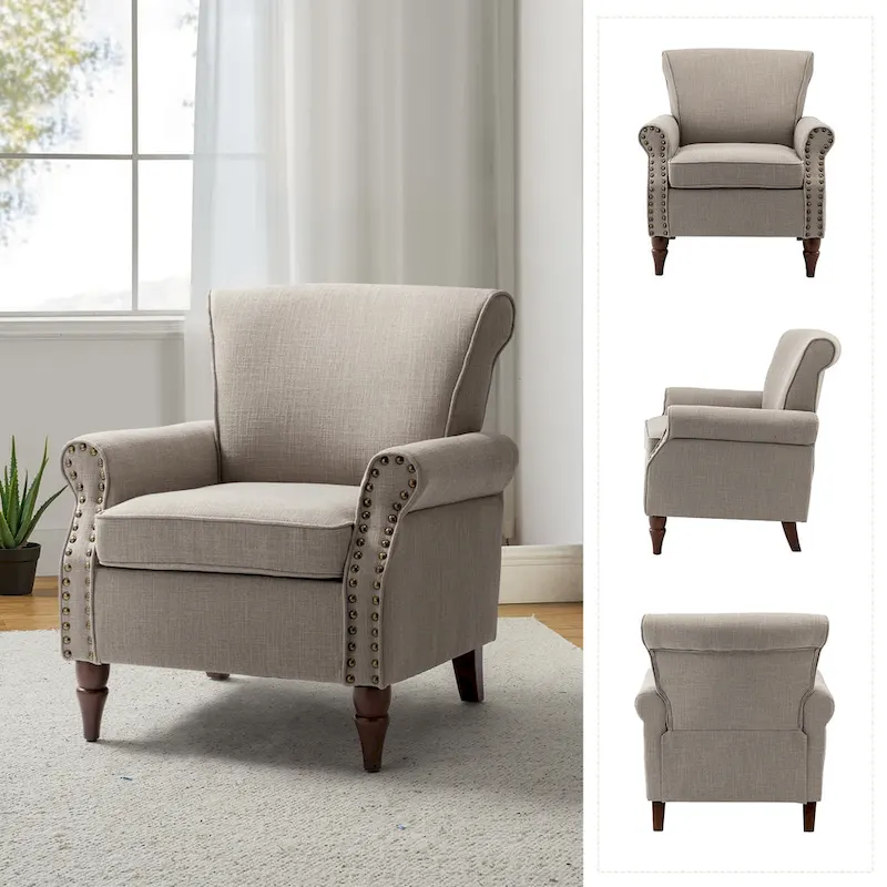 Upholstered Comfy Accent chair with Turned Wooden Legs and Nailhead Trim Set of 2 by