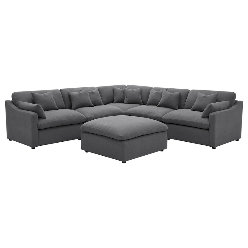 Hobo 6pc Sectional Sofa, Charcoal Gray Fabric, 10 Pillows, 120 Inch