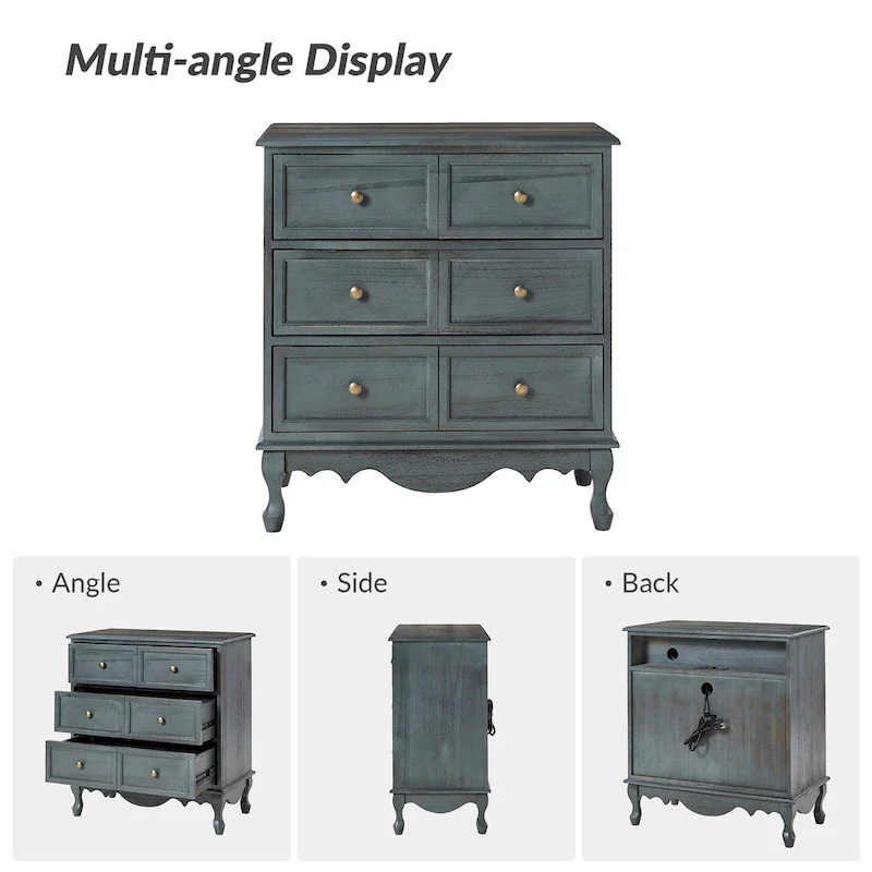 Farmhouse 30Tall Distressed 3-Drawer Nightstand With Solid Wood Legs and Adjustable Feet