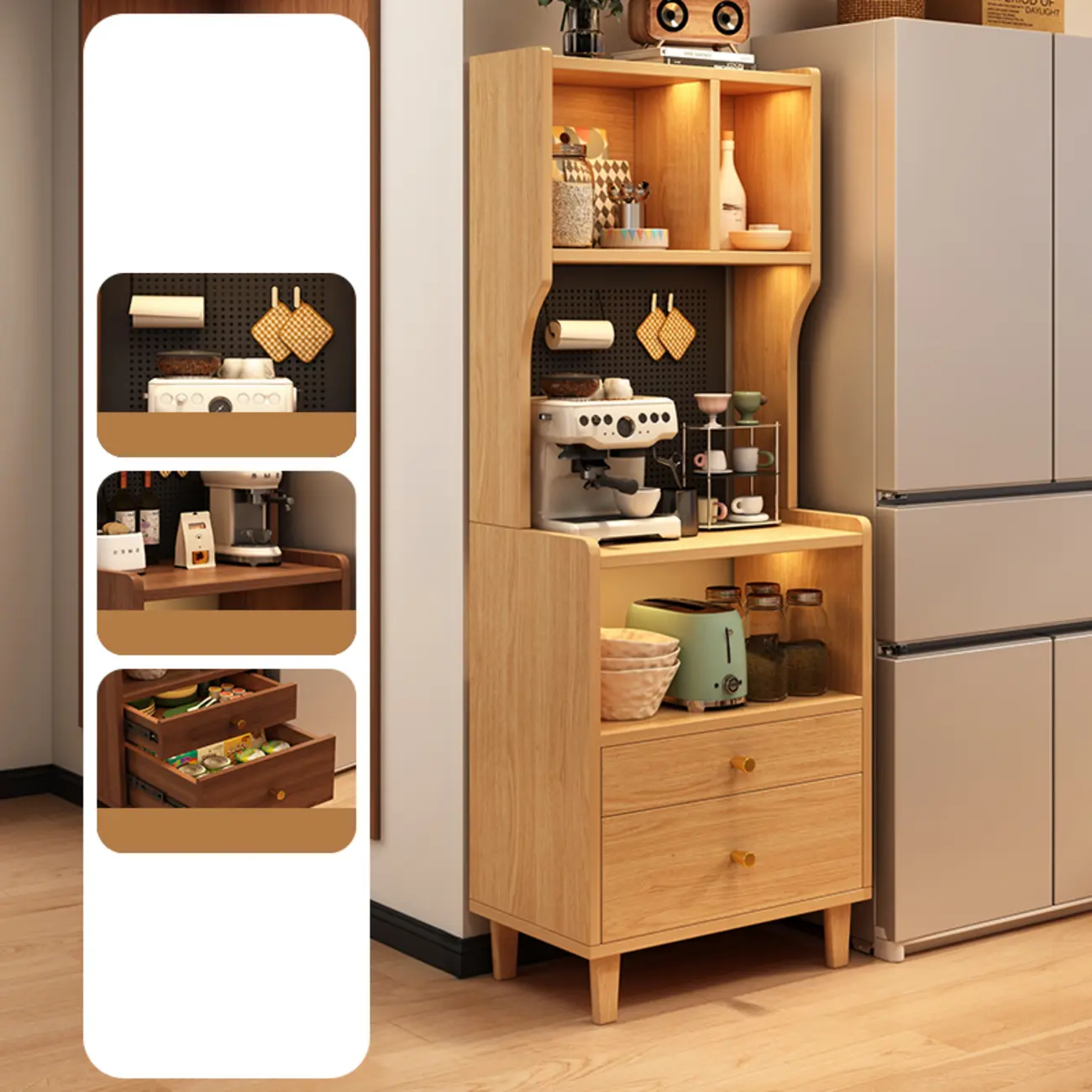 Modern Wood Narrow Sideboard with Drawers Shelves