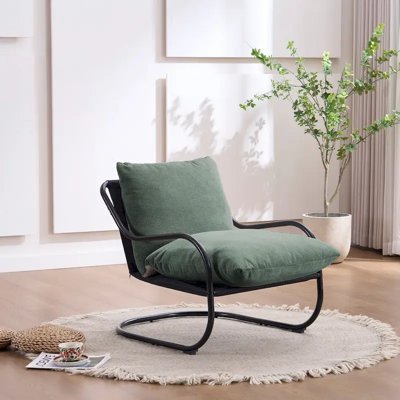 FERPIT Modern Curved Accent Chair with Faux Linen Upholstery, Comfy Lounge Chair with Metal Frame & Cushions