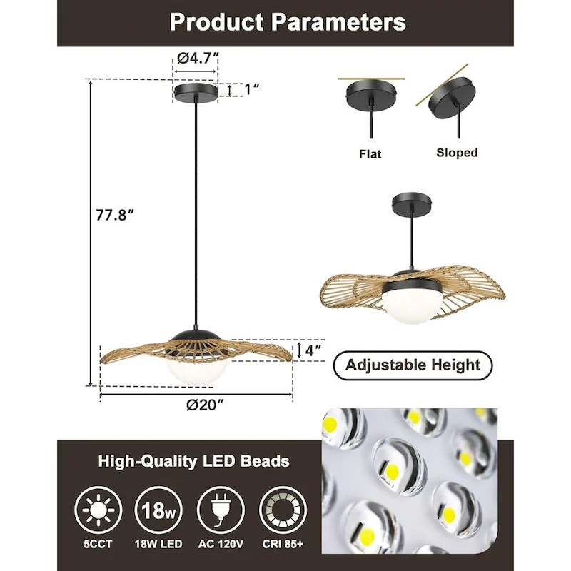 LED Coastal Rattan Pendant Light Straw Hat Hanging Lamp