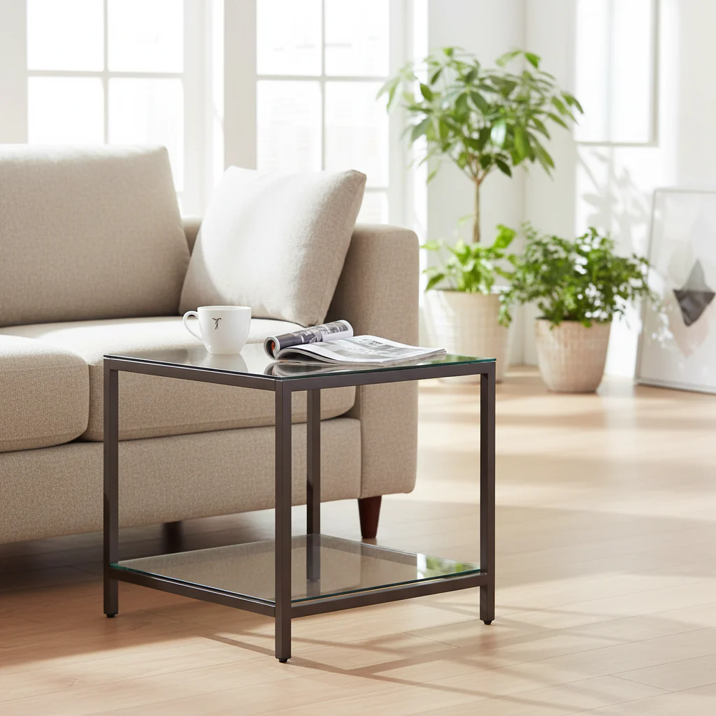 Glass Top End Table with Metal Frame and Open Shelf, Nickel