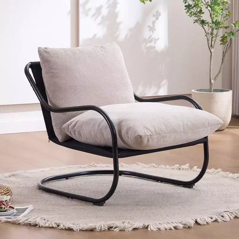 FERPIT Modern Curved Accent Chair with Faux Linen Upholstery, Comfy Lounge Chair with Metal Frame & Cushions