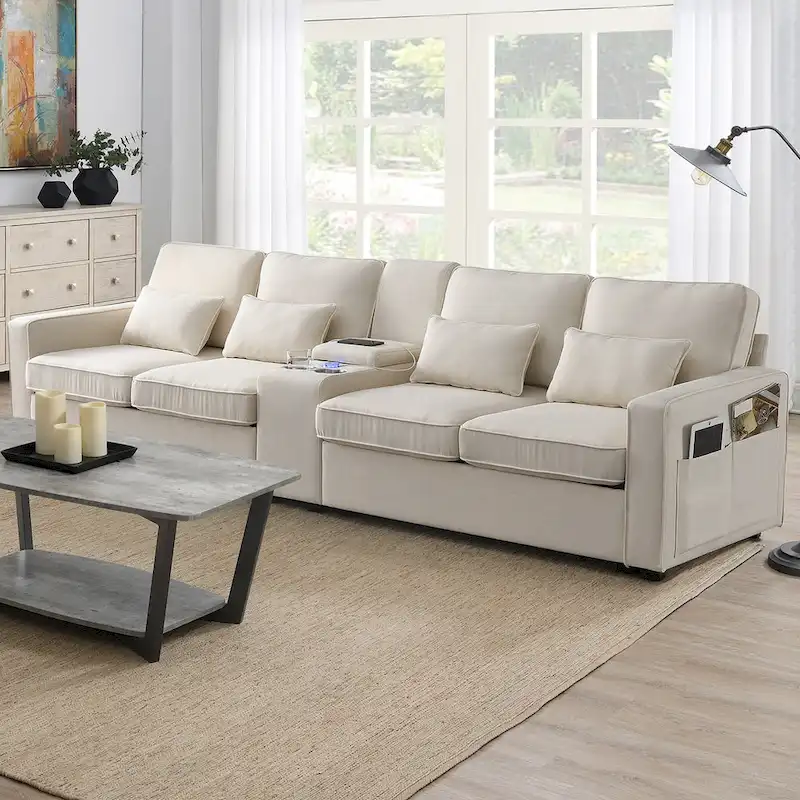 [VIDEO provided] [New] 114.2 Upholstered Sofa with Console, 2 Cupholders and 2 USB Ports Wired or Wirelessly Charged, Modern Li