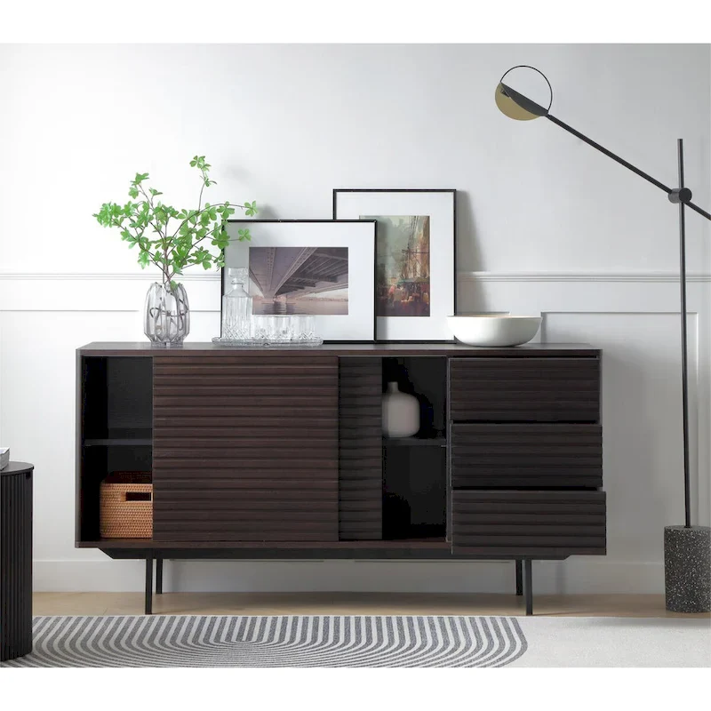 3-Drawer Sideboard with Cabinet – Walnut / Dark Brown, Wave Door, Single