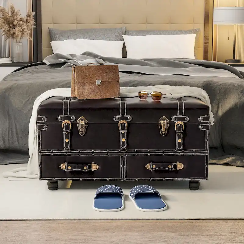 COZAYH Vintage Storage Ottoman Bench, Chest Cabinet with Latch Closure and Buckle for Bedroom Closet Home Organizer Decorative