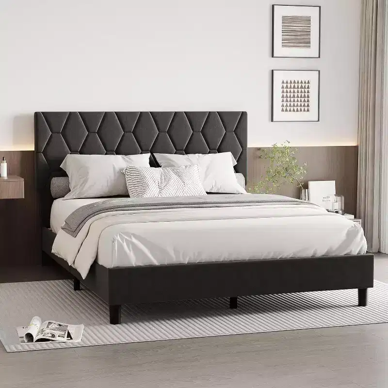 Acekool Upholstered Platform Bed - Queen Size with Headboard & Wood Slats
