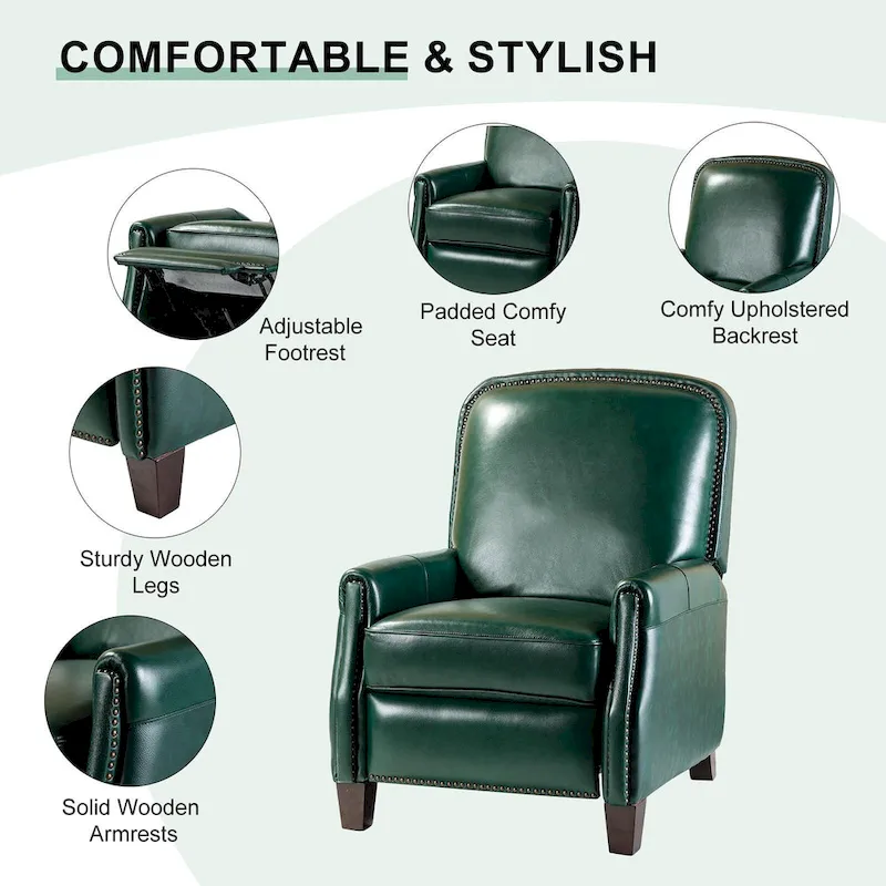 Gladis Modern Retro Genuine Leather Recliner with Nailhead Trim by HULALA HOME