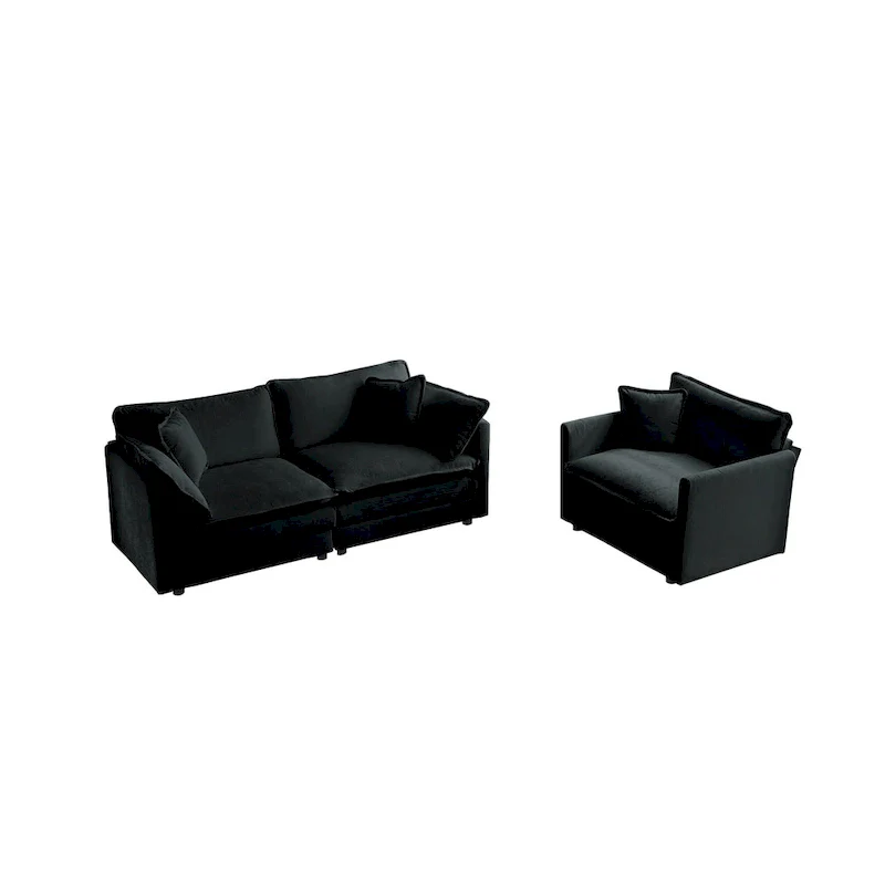 Black 2-Piece Chenille Sofa Set with Loveseat Sofa and Single Sofa