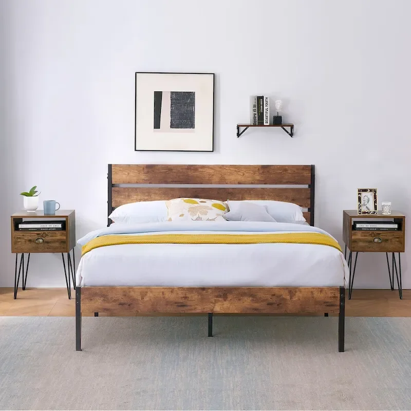 Taomika 3-Pieces Industrial Bed and Modern Square Nightstands Set