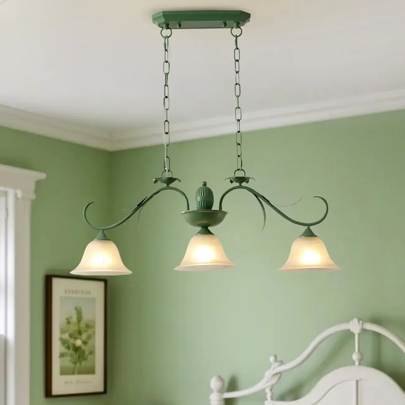 Green Glass 3-Light Floral Island Pendant Light for Kitchen
