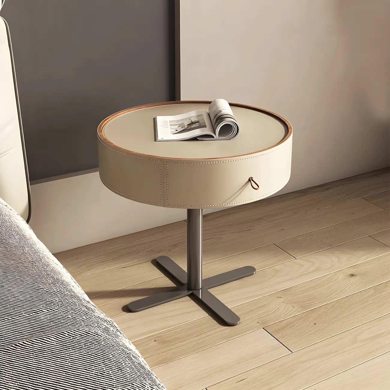 Modern Beige Faux Leather Round Metal Cross Drawer Nightstand