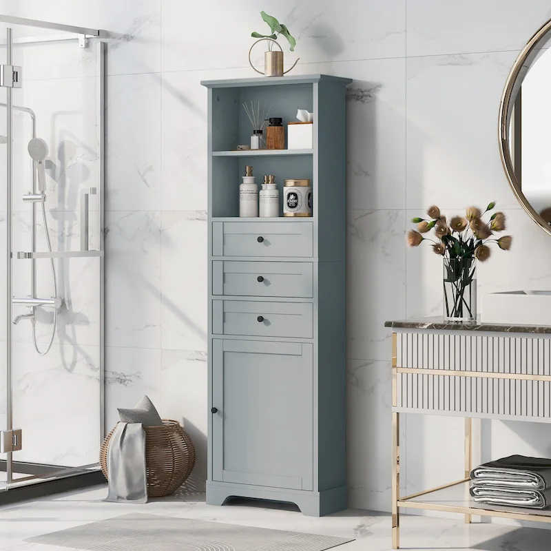 Grey / White Tall Storage Cabinet with 3 Drawers, 1 Door & Adjustable Shelves