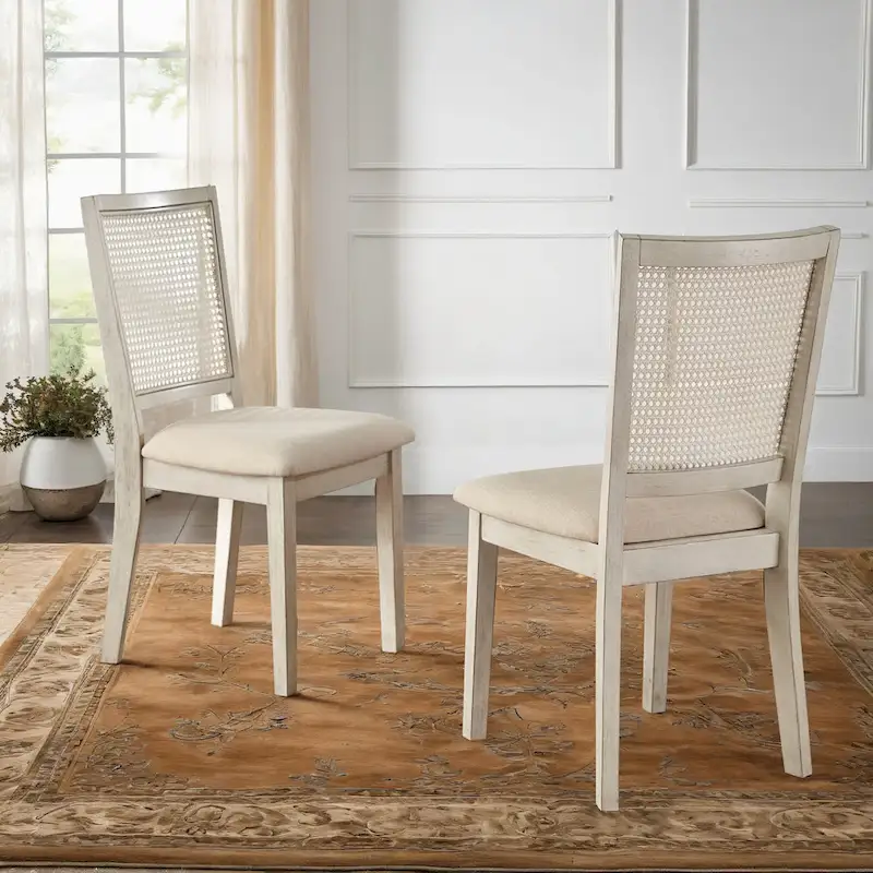 Ronda Beige Linen Rattan Back Dining Chairs (Set of 2)