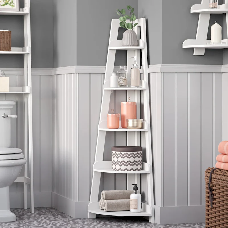 RiverRidge Amery 5-Tier Tall Corner Ladder Shelf Tower with Display Shelf and Corner Storage for Bathroom, Living Room, Office