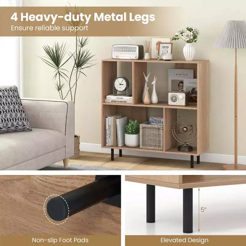 Black/Natural/White Mid-Century Modern 4-Cube Open Bookshelf, Single