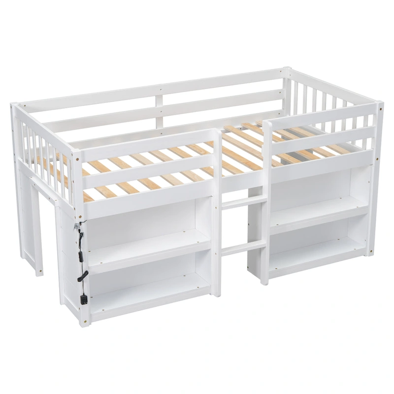 Twin Size Kid Low Loft Bed with Two-Tier Shelves and LED Light